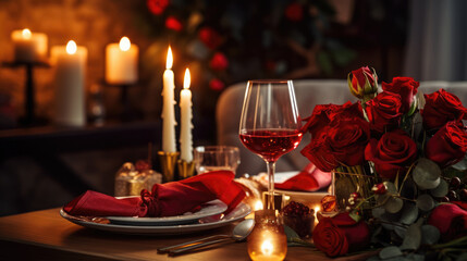 Obraz na płótnie Canvas Romantic valentine's day dinner. Table setup with red wine and bouquet of red roses in candle lit living room