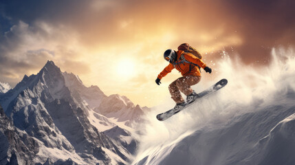 Naklejka na ściany i meble Professional snowboarder jumps with snowboard from tom of mountain onto track at sunset 