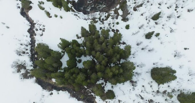 Winter Drone Footage of Skargrova River, Snowy Forest in Norway