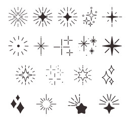 Twinkling Stars Icons Collection. Black And White Celestial Objects, Shimmering Star Symbols, Flare Effects