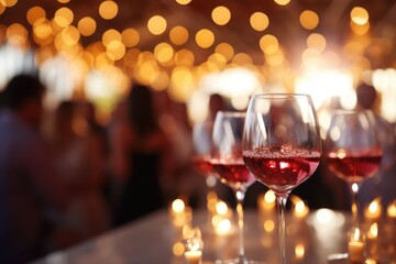 Close-up view of wine glasses on table waiting for guest in party in luxury vacation resort. Summer tropical vacation concept.