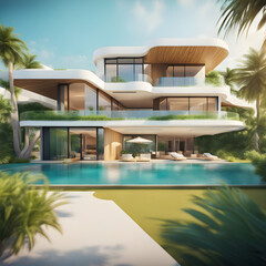 Fototapeta premium An ultra modern mega villa by the sea with swimming pool and open space in a tropical paradise
