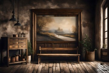 Fototapeta na wymiar An atmospheric scene of a Canvas Frame for a mockup in an old styled entrance hall, where the rustic charm of a wooden bench offers a cozy seat for weary visitors