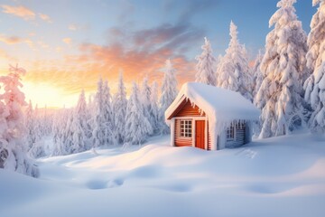 A cabin at sunrise in winter forest covered by heavy snow and ice. Winter seasonal concept.