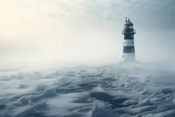 Keuken spatwand met foto A lighthouse by sea covered by heavy snow and ice. Winter seasonal concept. © rabbit75_fot