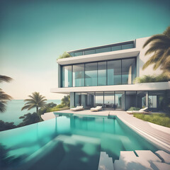 Fototapeta premium An ultra modern mega villa by the sea with swimming pool and open space in a tropical paradise