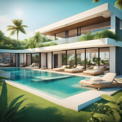 An ultra modern mega villa by the sea with swimming pool and open space in a tropical paradise
