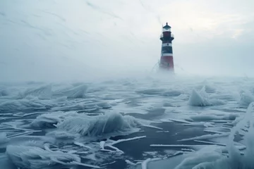 Foto op Plexiglas A lighthouse by sea covered by heavy snow and ice. Winter seasonal concept. © rabbit75_fot