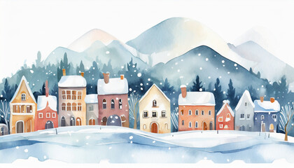 Fototapeta na wymiar Watercolor winter cute town landscape background