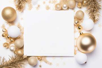 Christmas greeting card mockup with golden and silver decorations on white background.