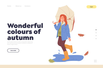 Wonderful colors of autumn landing page template with happy girl child walking under umbrella