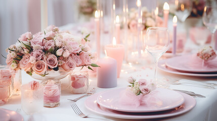 Obraz na płótnie Canvas Wedding table setting in pastel colors. Plates and glasses for a festive dinner, a pleasant atmosphere with flowers and candles.