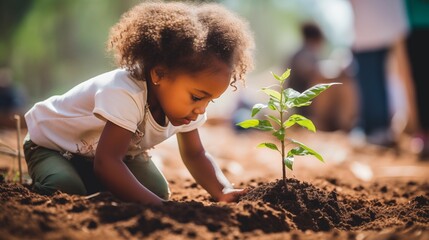Child planting a sapling in soil, focusing intently on the young plant.