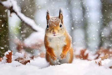 Close-up view of a squirrel in forest with snow in Winter.