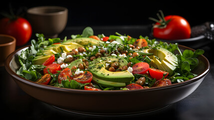 Delicious Bowl of Spinach Salad with Chickpeas, Farro, Avocado and Tomatoes 