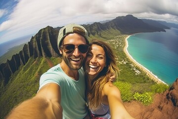 A young couple taking selfie during their trip at mountain top with happy face. Vacation travel concept. - obrazy, fototapety, plakaty