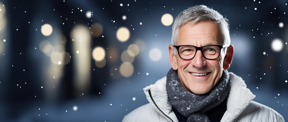 Winter themed senior man wearing glasses with room for copy space created with Generative AI technology