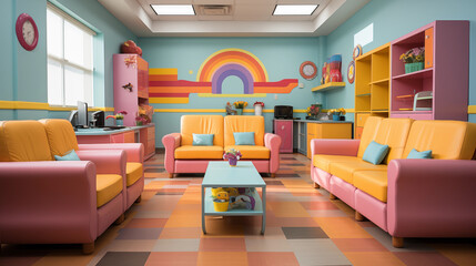 Colorful Pediatric Clinic Waiting Area: A vibrant waiting room in a pediatric clinic, filled with colorful toys, books, and a welcoming environment