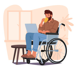 Determined Man In Wheelchair Expertly Operates A Laptop. Disabled Male Character Showcasing Resilience