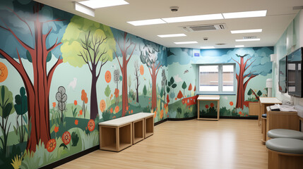 Interactive Learning Wall in Pediatric Clinic: An interactive wall in a pediatric clinic, featuring educational games and activities for children - obrazy, fototapety, plakaty