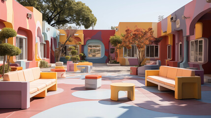 Outdoor Play Area at Pediatric Facility: An outdoor play area designed for children at a pediatric facility, promoting physical activity and fun - obrazy, fototapety, plakaty