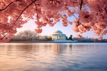Pink cherry blossom flower and Jefferson Memorial over lake at sunrise in Washington DC, USA.