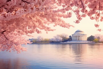 Pink cherry blossom flower and Jefferson Memorial over lake at sunrise in Washington DC, USA.