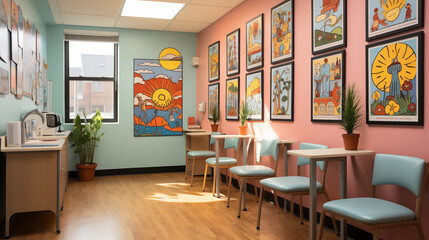 Pediatrician's Office with Educational Posters: Walls of a pediatrician's office adorned with educational posters on nutrition, hygiene, and health tips - obrazy, fototapety, plakaty