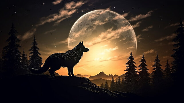 illustration of a forest view at night with the moon and a wolf