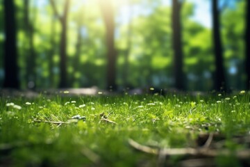 Close-up view of green lawn grass land with blue sky. Spring seasonal concept.