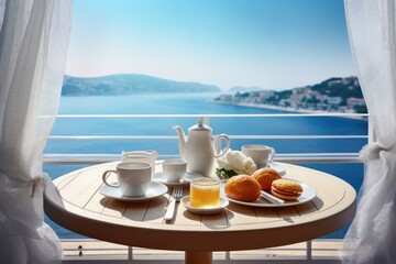 Luxury breakfast on table waiting for guest in luxury cruise ship. Summer tropical vacation concept.
