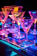 Translucent geometrical display with wine glasses and refractive light beams captured in a palette of sapphire blue geometric green and prism pink 