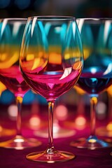 Wine glasses artistically filled with myriad shades of color splashed captured in a palette of vibrant magenta sunshine yellow and deep turquoise 