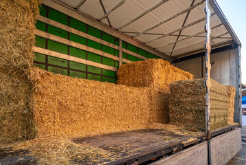 Large bales of straw and hay loaded on truck trailer