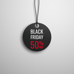 Black friday sale. Realistic price tag image. Black label on a white background. Special offer or shopping discount label. Sale, 50% discount, big discounts. Vector image, EPS 10.