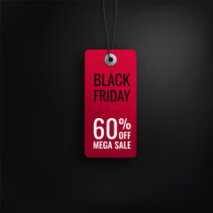 Black friday sale. Realistic price tag image. Red label on a black background. Special offer or shopping discount label. Sale, 60% discount, big discounts. Vector image, EPS 10.
