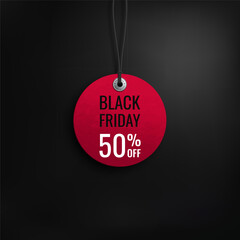 Black friday sale. Realistic price tag image. Red label on a black background. Special offer or shopping discount label. Sale, 50% discount, big discounts. Vector image, EPS 10.