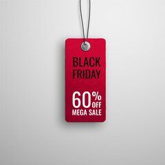 Black friday sale. Realistic price tag image. Red label on a white background. Special offer or shopping discount label. Sale, 60% discount, big discounts. Vector image, EPS 10.