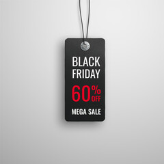 Black friday sale. Realistic price tag image. Black label on a white background. Special offer or shopping discount label. Sale, 60% discount, big discounts. Vector image, EPS10.