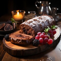 chocolate cake yule log with a side order of grapes, generative ai 