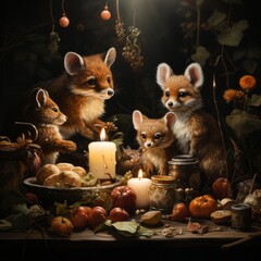 Skulk of foxes in their burrow, lit with candles and surrounded by food, generative ai 