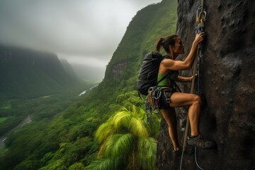 A girl climb up a steep cliff in deep rainforest. Outdoor adventure concept.