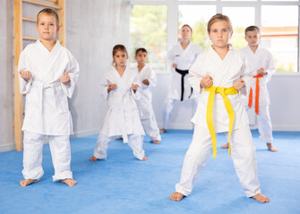 Children athletes starting position and studying and repeating sequence of punches and painful...