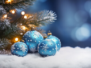 Fototapeta na wymiar Blue Baubles of Joy: A Collection of Snowflake-Adorned Ornaments Resting in a Wintry Scene with Festive Lights