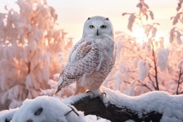 Close-up view of white Snow Owl rest on tree at sunrise in snow in Winter.