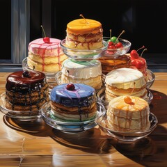 assortment of sweet cakes on glass stands places on a wooden table, generative ai 