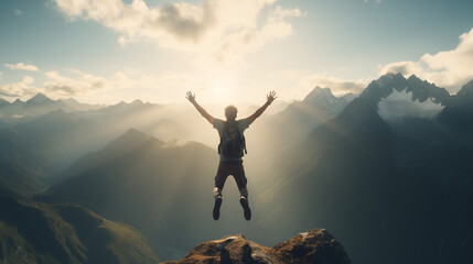 A man on the top of a mountain jumps for joy after a long climb.