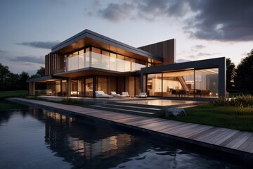 modern minimal house with swimming pool in the countrysid