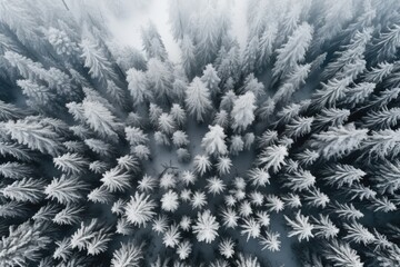 Aerial view of a highway through Winter forest covered with snow. Winter seasonal concept.