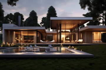 Fototapeta premium modern minimal house with swimming pool in the countrysid